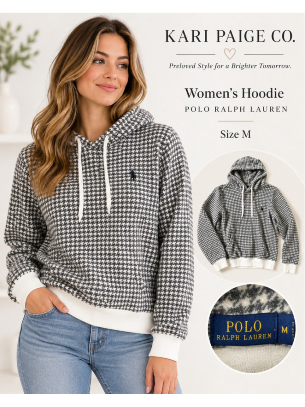 Women's Polo Ralph Lauren Hoodie Size M Black White Houndstooth F26